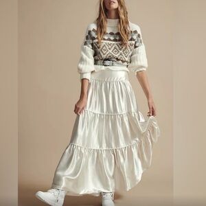 NWT Free People Moonbeam Tiered Maxi Skirt metallic silver ivory cream SZ Medium